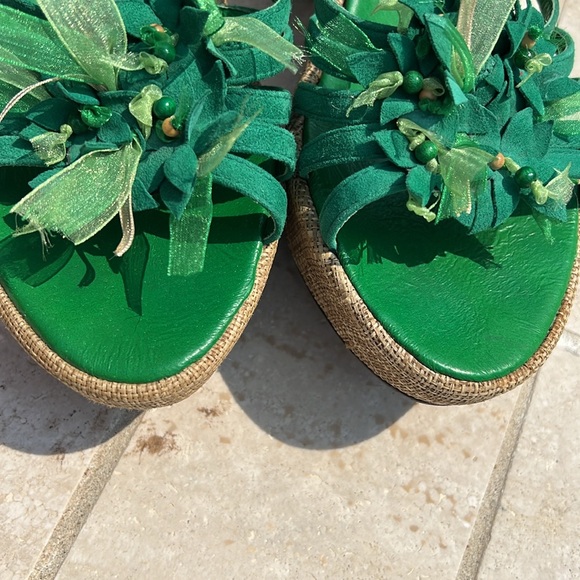 Green Slides Wedges Flower Ribbon Details Size 8 Platform Open Toe Elio Pitti - Picture 14 of 16